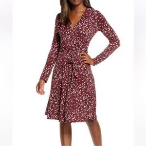 LEOTA plus burgundy pink cream leopard pattern long sleeve midi faux wrap dress